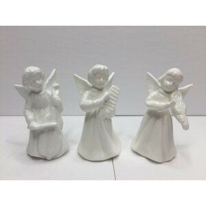 Christmas White Glass Angel Set 3 Figurines Playing Instruments Violin Cello
